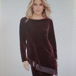 Chico's Travelers Collection Velvet Sequin Trim Asymmetrical Top Burgundy 3 XL